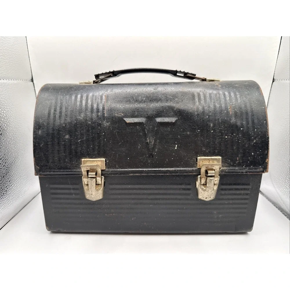 Vtg MCM Thermos black metal dome lunch box handle Industrial V Victory 60s Retro